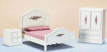 Image of Dollhouse Miniature White with Flowers Bedroom Set