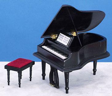 Image of Dollhouse Miniature Black Piano with Stool
