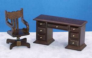 Image of Dollhouse Miniature Walnut Desk & Chair Set