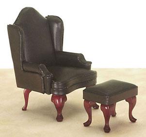 Image of Dollhouse Miniature Brown Wing Chair & Ottoman