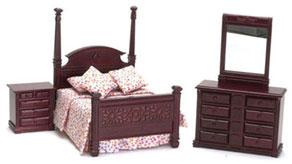 Image of Dollhouse Miniature Mahogany Pillar Bedroom Set