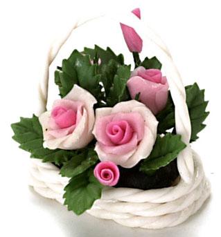 Image of Dollhouse Miniature Pink Roses in Basket FCA1503