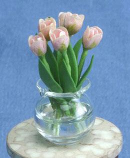 Image of Dollhouse Miniature Coral Tulips in Vase FCA2566CR