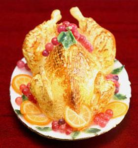 Image of Dollhouse Miniature Turkey on Dish w/Fruit FCJU1009