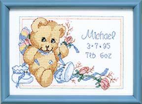 Image of Bear In Booties Birth Record Counted Cross Stitch Kit