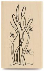 Image of Cattails and Dragonflies ER1032 Wood Mounted Rubber Stamp