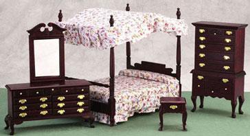 Image of Dollhouse Miniature Mahogany Canopy Bedroom Set