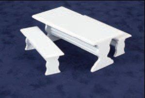 Image of Dollhouse Miniature White Table with Two Benches.