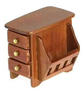 Image of Dollhouse Miniature Pecan End Table w/Drawers & Magazine Rack